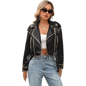 Women's Faux Leather Cropped Jacket Lapel Zipper Biker Short Coat Deep Black